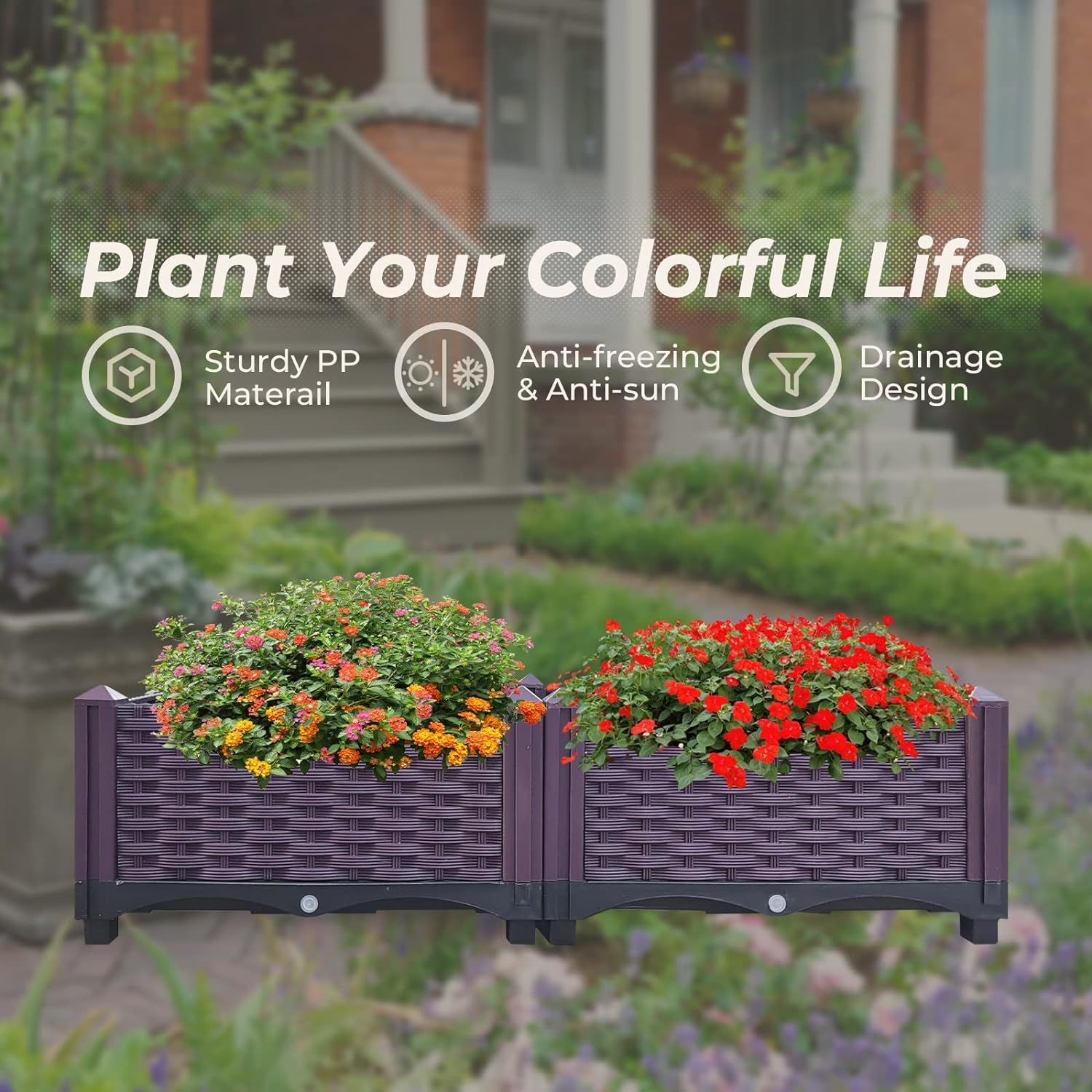 Planter Boxes Raised Garden Bed,2 Pieces Plastic Raised Garden Bed Garden Planter Boxes for Indoor & Outdoor Vegetable Fruit Flower Herb Growing Box