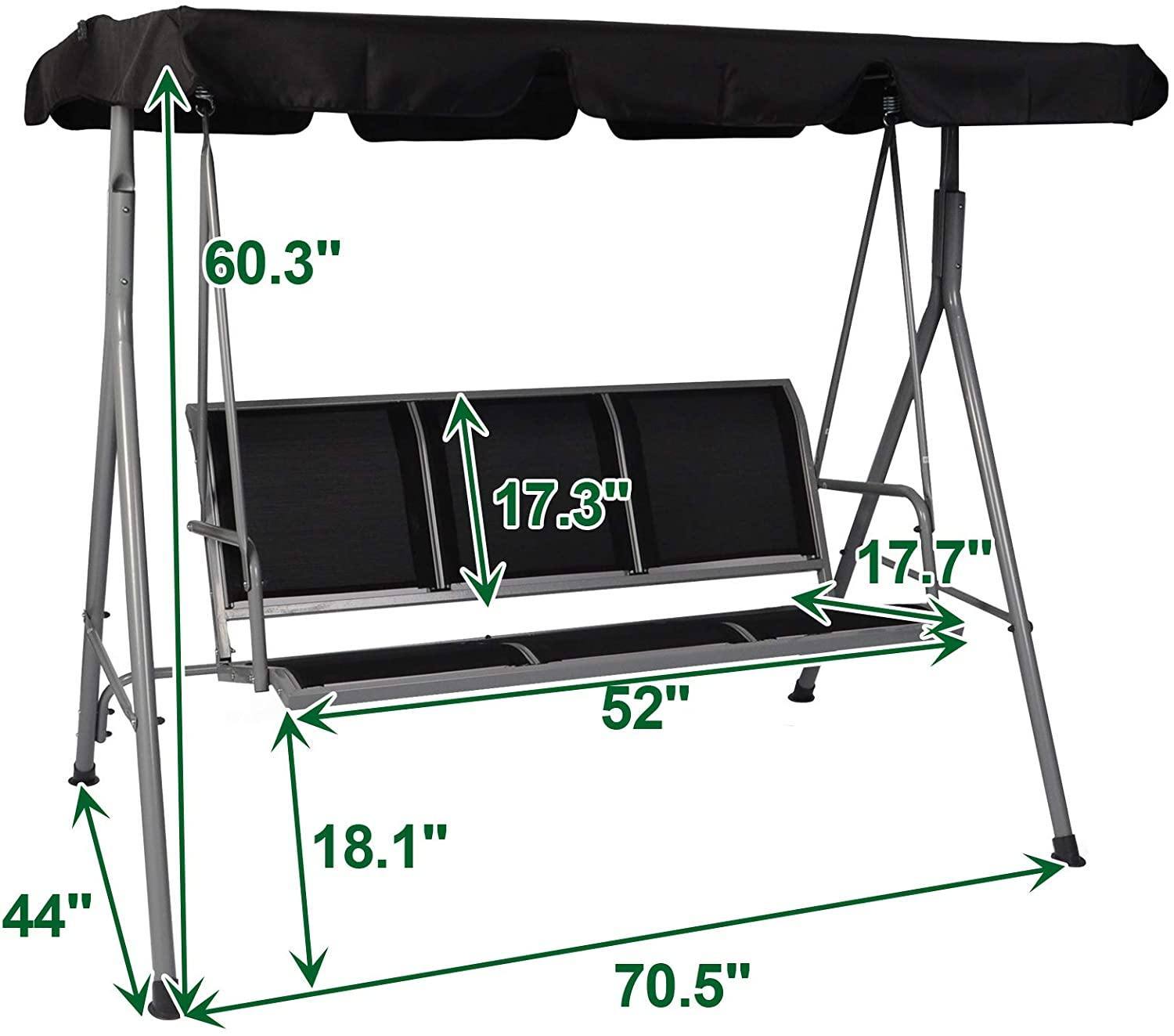 3-Person Outdoor Swing Chair Adjustable Canopy Hammock Seats, Patio Porch Garden Swing, Black